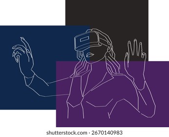 Simple Line Vector of a Woman in VR Headset