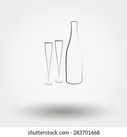 Simple line web icon Bottle with champagne glasses. Vector illustration on a white background. Doodle, cartoon style.