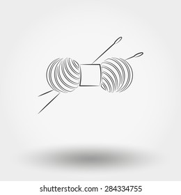 Simple line web icon Skein of yarn for knitting and needles. Vector illustration on a white background. Doodle, cartoon style.