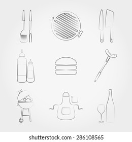 Simple line web icons set BBQ. Vector illustration on a white background. Doodle, cartoon style.
