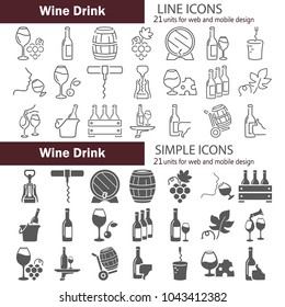 Simple and line wine icons set