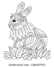 Simple line zentangle style of rabbit sitting on grass for coloring book pages on app. Vector illustration