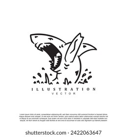 Simple linear angry shark vector art illustration isolated on white background