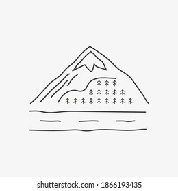 simple linear art icon mountain with forest and road. Travel design emblem for camping decoration, isolated illustration on white background