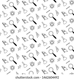 Simple linear background of school subjects. Background from magnifier, test tube, ruler and textbook. Pattern of student accessories. Copy space. Black on white. Vector Eps.8.