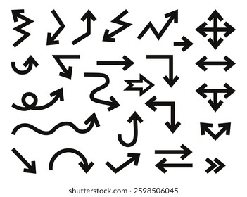 Simple Linear Black Directional Arrows. Sign Directions Curved Backward curved, zigzag Set. Isolated Vector Hand Drawn. Concept pointer symbols for design, creative projects, infographic