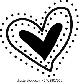 Simple linear Black heart with dots surrounded by dots. Hand drawn vector minimalist illustration of heart. Design for stickers, greeting cards, icons