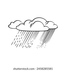 Nube dibujada a mano de tinta negra lineal simple con lluvia. Ilustración vectorial de bocetos.