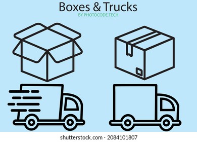 Simple linear black vector icons. Open box, package and delivery truck. Icon pack