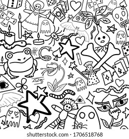 Simple linear black and white doodle background on the theme of occultism with ghosts, skulls, cats, eyes, candles, cards