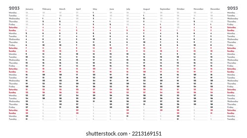 Simple linear calendar yearly planner template for 2023 with vertical month grid and highlighted weekends. Wall monthly cycle planner in a minimalist style. Agenda organizer. Vector illustration