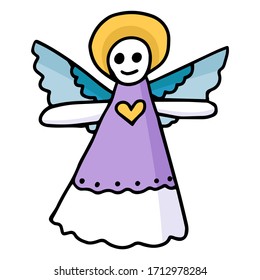 Simple linear cartoon style illustration. Vector nice voodoo angel girl doll on white background. Design Element for books, magazines, textiles