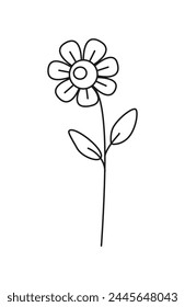 Simple linear daisy flower, chamomile isolated on white. Botanical sketch, drawing. Black and white. Icon, logo, tattoo.