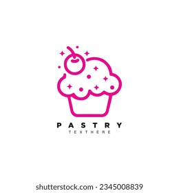 Simple linear delicious pink cupcake with cherry and star sprinkle logo design