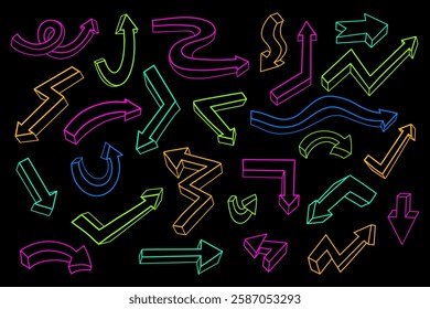 Simple linear Directional Arrows Doodles. Neon-shaped bright Lines Sign Directions with 3D effect Right Left Down Curved Backward. Isolated Vector Hand Drawn. Concept pointer symbols for design