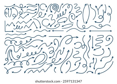 Simple linear Directional Arrows Doodles. Lines Sign Directions Right Left Down Curved Backward Collection. Isolated Vector Hand Drawn. Concept pointer symbols for web design, mobile apps, decoration