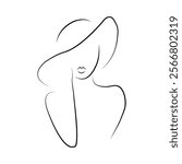 Simple linear drawing of beautiful woman wearing sun hat. lady face and summer hat.