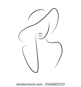 Simple linear drawing of beautiful woman wearing sun hat. lady face and summer hat.