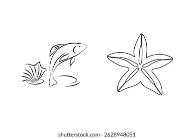 Desenho linear simples representando um peixe saltando uma concha e uma estrela em preto e branco