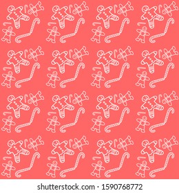 Simple linear drawing winter pattern with gingerbread man and candy