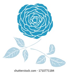 Simple linear elegant nature cartoon style illustration. Vector set blue rose flower and leaves isolated on white background. 