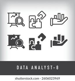 Simple linear and flat data analysis icon set. Data design on the theme of learning, at hand and table.
