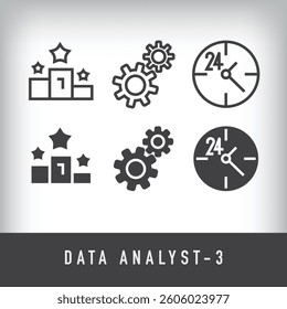 Simple linear and flat data analysis icon set. Data design on the theme of success, settings and clock.