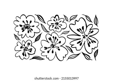 Simple linear flowers isolated white  Hand drawn vector botanical illustrations  Cute flowers   leaves cliparts  Chamomile hand drawn painted vector set  Set ink drawing wild plants   herbs 