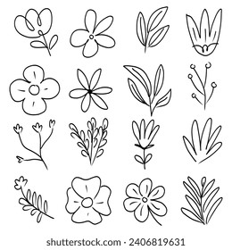 Flores lineales simples sobre tallos aislados en blanco. Ilustraciones botánicas vectoriales dibujadas a mano