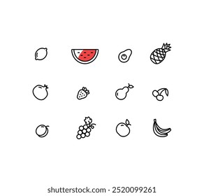 Simple linear fruit icons in black and white.
