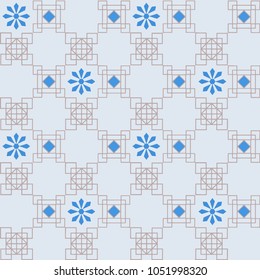 A simple linear geometric pattern. Abstract stylization. Scandinavian style. Vostok style. Home cozy theme. Diamonds, squares and diagonal. Line drawing. Vector image. Shades of blue with beige.