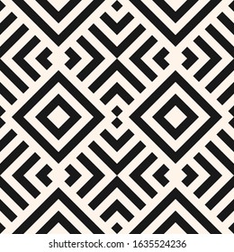Simple linear geometric seamless pattern. Abstract monochrome geo texture with diagonal lines, squares, rhombuses, repeat tiles. Stylish minimal black and white background. Modern repeatable design