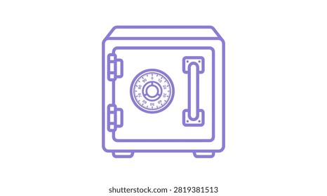 Simple linear graphic of a safe box with dial for banking security.