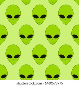 Simple linear green alien head seamless pattern, vector background