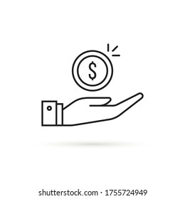 simple linear hand holding dollar coin. flat stroke style trend modern minimal wealth logotype graphic lineart art design isolated on white background. concept of revenue or benefit and outcome budget