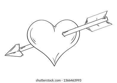 Simple linear heart pierced by an arrow isolated on white background. Sketch.