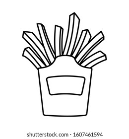 Simple linear icon black and white. Fast food. Deep fried french fries from a restaurant cut into slices in a cardboard cup. Street food. Vector illustration.