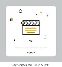 Simple linear icon for clapperboard in cinematography composed in white square on gray background