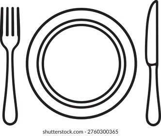 Simple linear icon of a classic empty round plate with fork and knife for everyday dining concepts