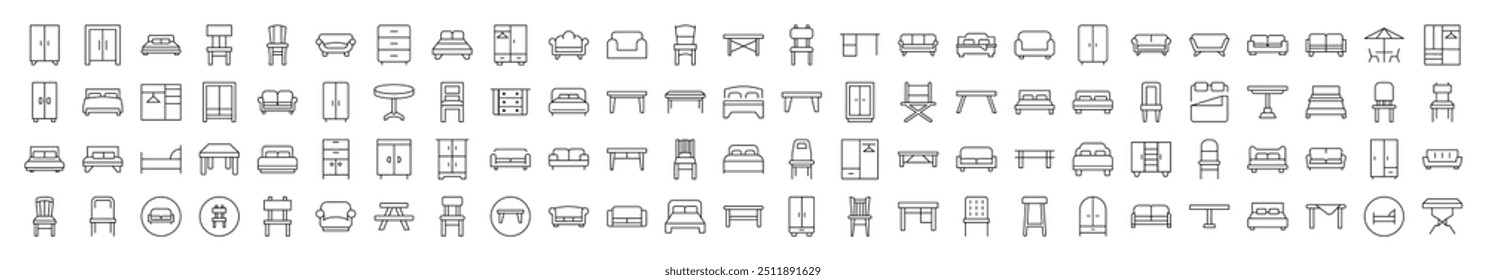Simples ícone linear de sofá, sofá, mesa, cadeira. Traço editável. Pictograma Linear Minimalista para Design de Cartões, Aplicativos, Banners, Posts
