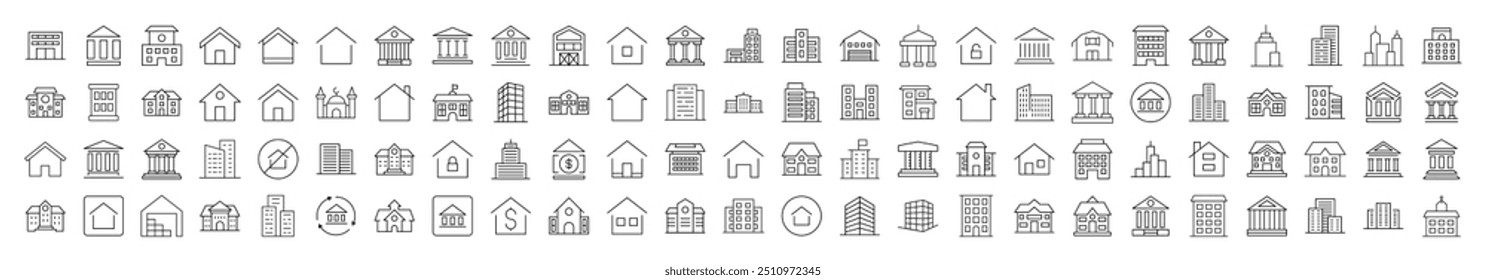 Ícone linear simples de construções diferentes. Traço editável. Pictograma Linear Minimalista para Design de Cartões, Aplicativos, Banners, Posts