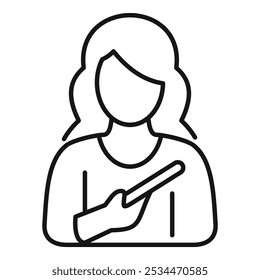 Simple linear icon of a female teacher holding a pointer stick, perfect for educational or teaching related designs
