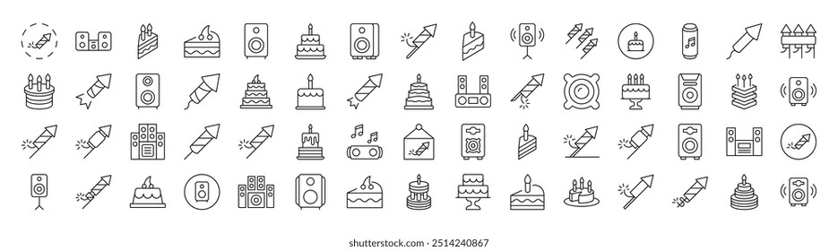 Simple Linear Icon of Holiday, Party, Fireworks, Cooks and Stereo. Editable Stroke. Minimalistic Linear Pictogram for Design of Cards, Apps, Banners, Posts