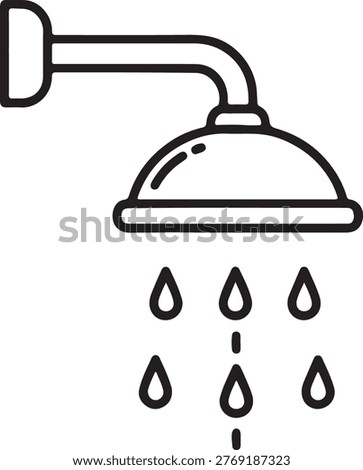 Simple linear icon illustration of a shower head with water drops falling bathroom sanitary plumbing facility household equipment apparatus component appliance cleaning domestic interior