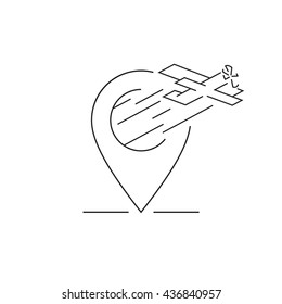 Simple, linear icon: map marker with flying plane