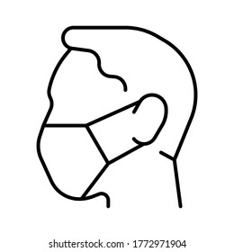 A simple linear icon of a person in a protective medical mask. Vector illustration with editable stroke.