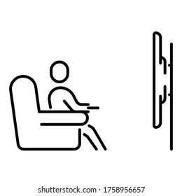 A simple linear icon with a person watching smart TV sitting at home on the couch. Vector illustration with editable stroke.