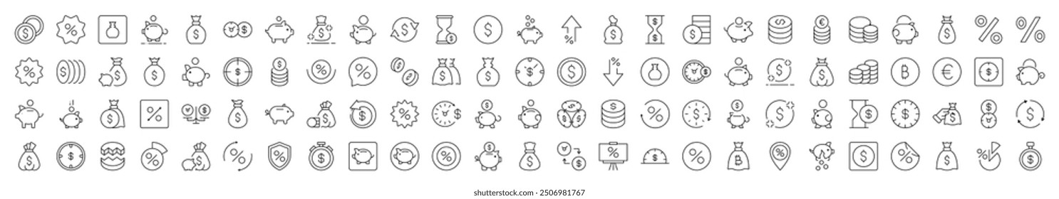 Simple Linear Icon of Piggy Bank, Dollar, Coin, Percent. Editable Stroke. Minimalistic Linear Pictogram for Design of Cards, Apps, Banners, Posts