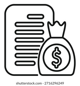 Icono lineal simple que representa un presupuesto financiero con un documento y una bolsa de dinero