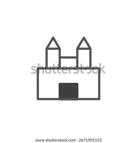A simple linear icon representing a fortress or castle, showcasing symmetrical towers and clean lines, making it suitable for various design projects, especially those seeking a minimalistic